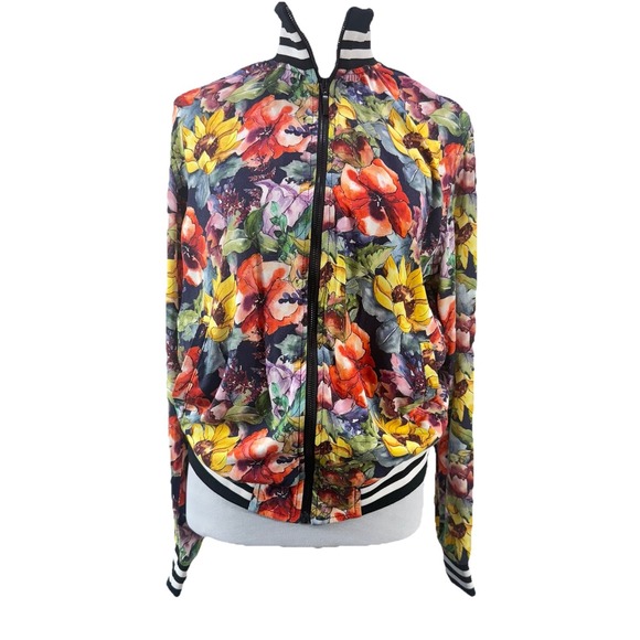 Denim & Flower Jackets & Blazers - Denim Flower Women's Size Medium Lightweight Floral Jacket Zip Fall Colors